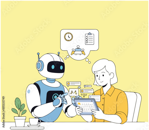Robot and woman planning together using a tablet, with thought bubbles showing a clock and a to-do list.