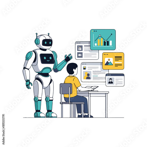 An AI robot mentor assists a person working on a computer with data analysis and user interfaces.