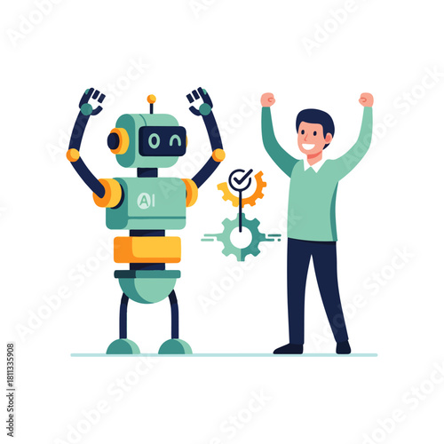 Robot and human celebrating success with gears and checkmark, AI concept.