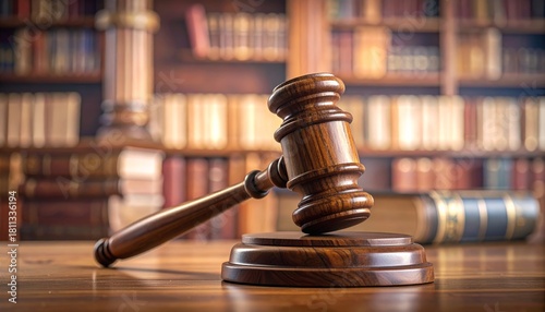 Symbol of legal authority, a wooden gavel rests beside law books in the courtroom concept of justice