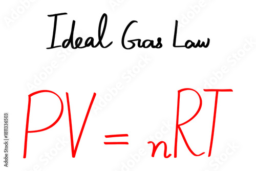Ideal gas law equation, Red and black formula isolated on a white background, handwritten doodle illustration for science and chemistry