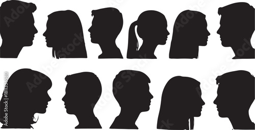 Silhouettes of young people facing each other in profile, diverse pairs