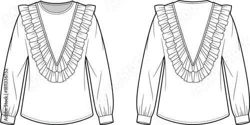 Women ruffle blouse long sleeve top front and back flat fashion sketch with deep V-neck detailing and gathered cuff design, vector illustration