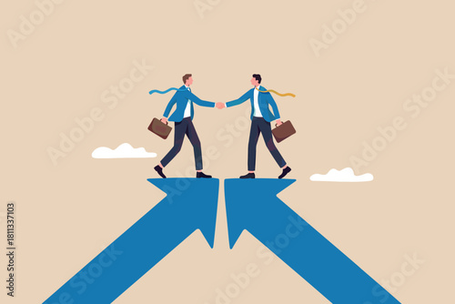 Businessmen shaking hands on merging upward arrows for success