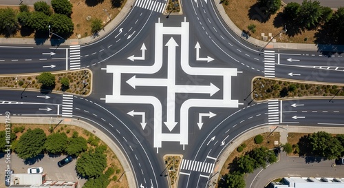 Aerial View Of The Elaborate Intersection Depicting Road Markings And Directional Arrows