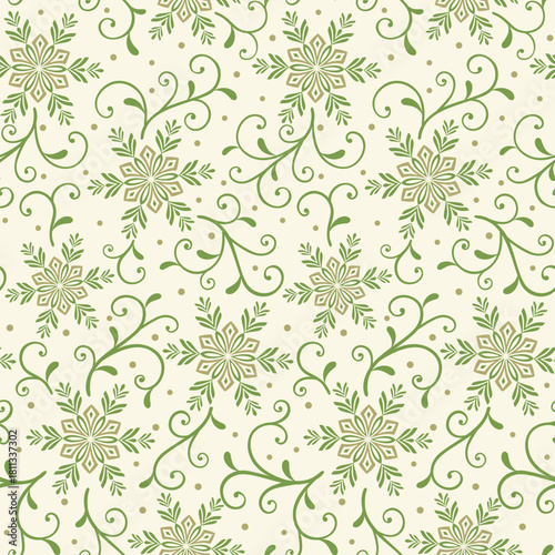 Seamless Christmas Snowflakes With Swirls On Ivory Background