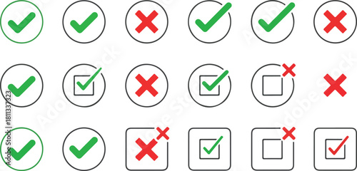 Set of green checkmarks and red crosses in circles and squares