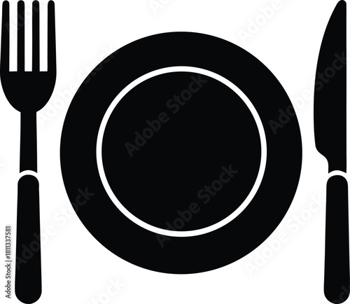 Small plate with fork knife and spoon silhouette vector icon on white background