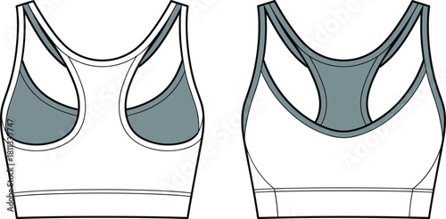 Women sports bra front and back technical fashion template with contrast panel racerback for activewear mockup and sewing