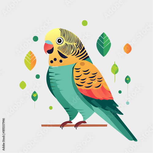 Charming Budgerigar Bird Illustration with Decorative Leaves, Vibrant and Whimsical Pet Portrait