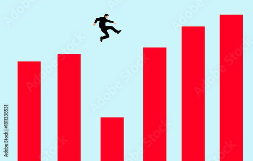 Businessperson jumping over bar graph symbolizing growth and initiative