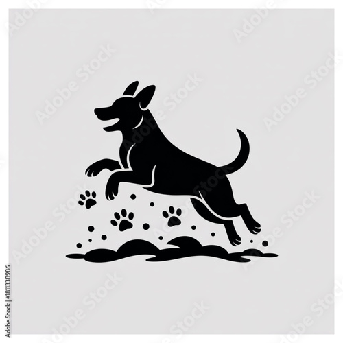 Silhouette of a happy dog jumping with paw prints