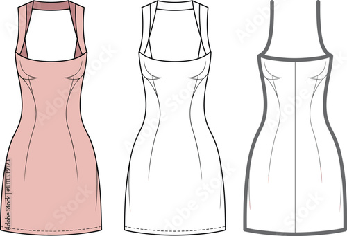 Women sleeveless fitted dress technical fashion sewing pattern mockup spec sheet for production cad drawing flat vector illustration