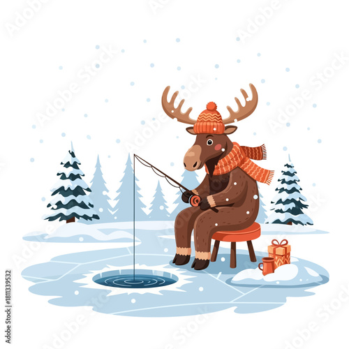 Moose Ice Fishing in Winter Wonderland
