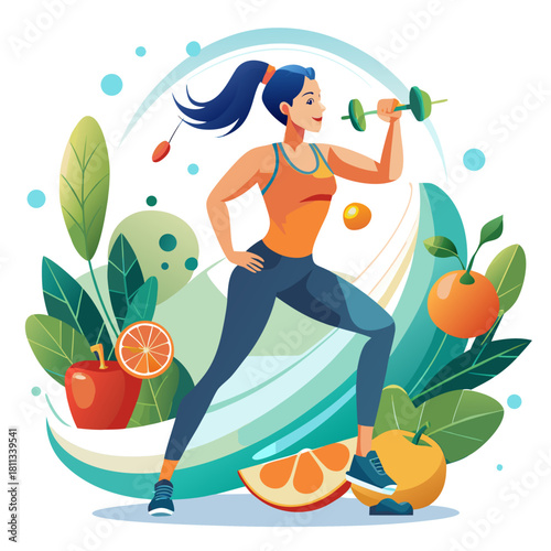 Female Athlete Strength Training with Fresh Fruits Vector – Dynamic Fitness Nutrition