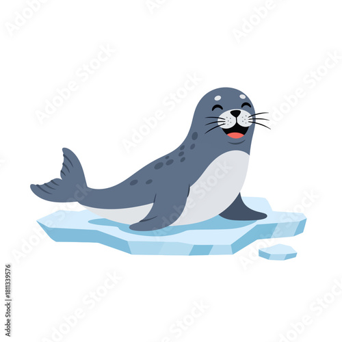 Cute seal smiling on an ice floe, cartoon illustration