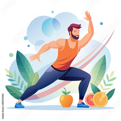 Male Athlete Yoga Stretch with Fresh Fruits Vector – Dynamic Fitness Nutrition