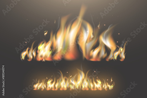 Realistic Burning Fire Flames and Sparks on Dark Background