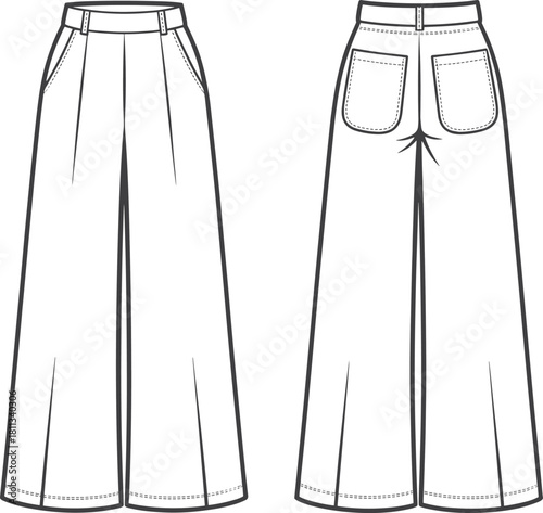 Women wide-leg tailored trousers fashion flat with front pleats and back patch pockets sewing lines apparel tech pack ready illustration