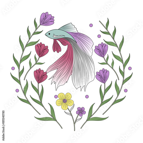 A vintage style illustration depicting betta fish