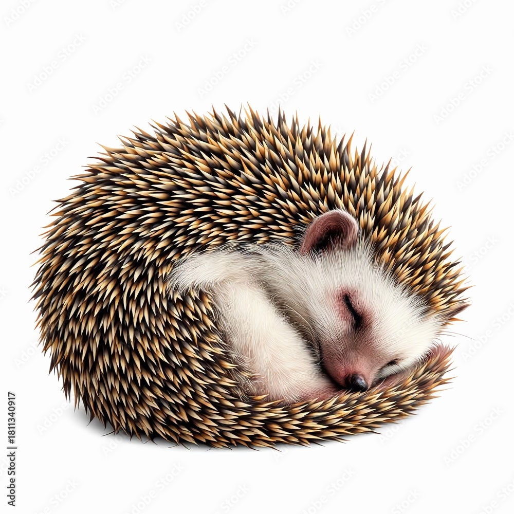 Obraz premium Sleeping hedgehog isolated on white background cute hedgehog curled up in a ball for hibernation