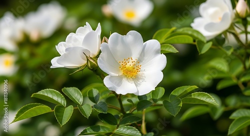 Delicate white roses blooming beautifully in garden summertime sunshine