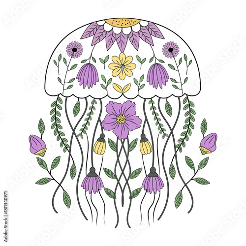 A vintage style illustration showing mandala jellufish