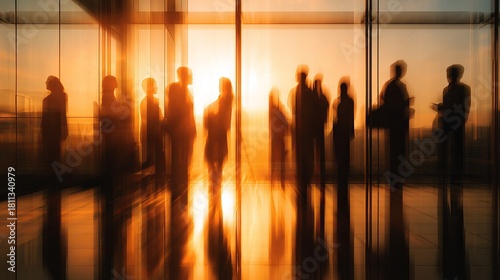 Dynamic silhouettes of business people meeting at sunset in modern office with vibrant light creating a feeling of success and ambition