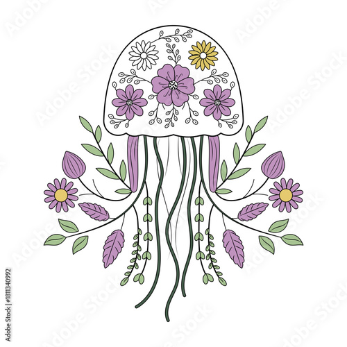A vintage style illustration representing ornate jellyfish