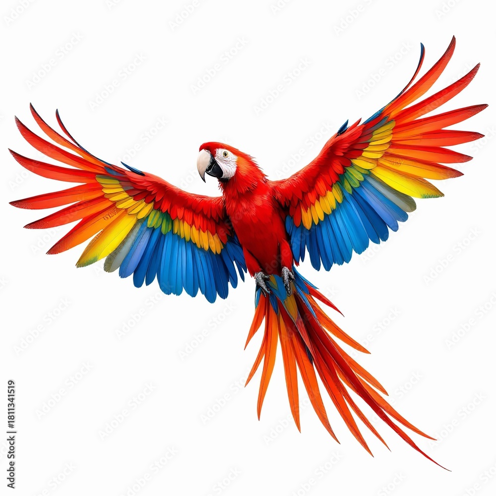 Fototapeta premium A scarlet macaw parrot flying with its wings spread wide isolated on white background
