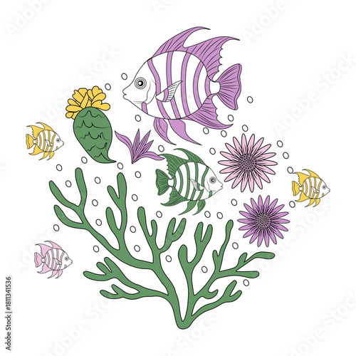 A vintage style illustration showing tropical fish