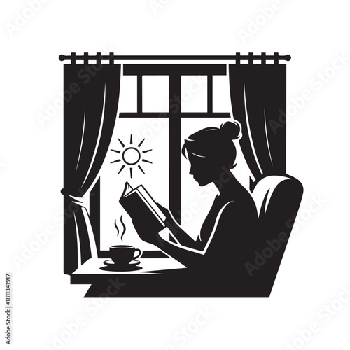 Silhouette of a woman reading a book by the window with coffee