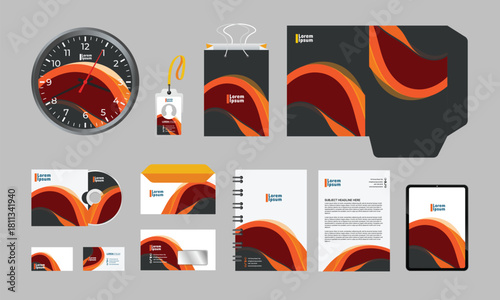 Brand Identity stationery Mock-Up set with red and black abstract design concept. Branding stationery mockup template of vertical banner, flyer, promotional car, A4 brochure, etc. Editable vector