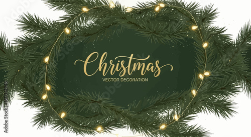 Festive Christmas Vector Decoration Pine Branches with Fairy Lights - Perfect for Holiday Designs