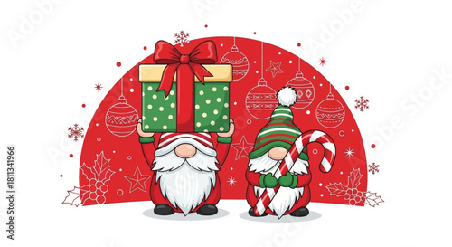 Festive Holiday Gnomes with Gifts and Decorations A Cheerful Christmas Illustration