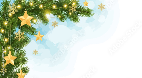 Christmas Festive Corner Design Evergreen Branch Adorned with Golden Stars and Fairy Lights on a Pastel Blue Backdrop
