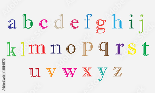 Colorful lowercase alphabet displayed on white background for educational purposes