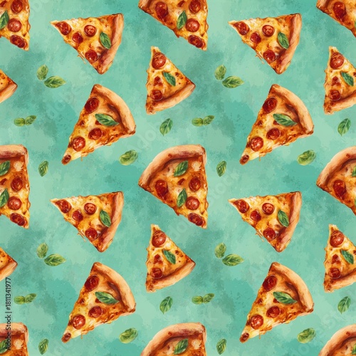 Textured image with slices of pizza with tomatoes and basil on a turquoise background, seamless pattern