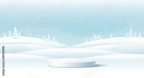 Winter Wonderland A Serene Scene with Snowy Hills, Trees, and a Product Display Podium