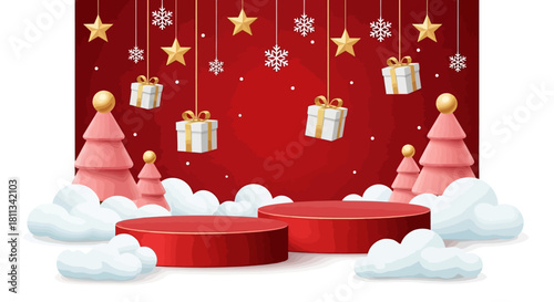 Festive Christmas Podium Display with Gift Boxes and Stars on Red Background