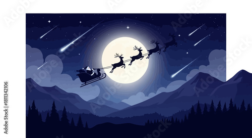 Santa Claus and Reindeer Flying Across a Moonlit Night Sky, Christmas Celebration