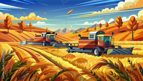Very beautiful scene of multiple combines harvesting a golden wheat field on a clear autumn day in rural North Dakota, showcasing organized farm work, rolling plains, and powerful agricultural equipme