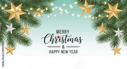 Festive Christmas and New Year Greetings with Gold Stars and Greenery