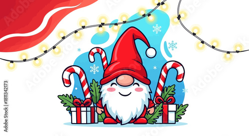 Festive Holiday Gnome with Candy Canes and Gifts, Surrounded by Christmas Lights and Snowflakes