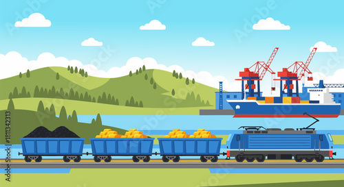 Cargo Train Transporting Goods from Port with Ship and Cranes