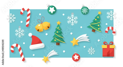 Festive Christmas Decorations Illustration Candy Canes, Ornaments, Trees, and Holiday Cheer