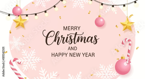 A festive pink Christmas and New Year background with string lights, ornaments, stars, snowflakes, and candy canes.