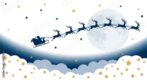 Santa Claus flying in his sleigh pulled by reindeer across the moonlit night sky with stars and clouds.
