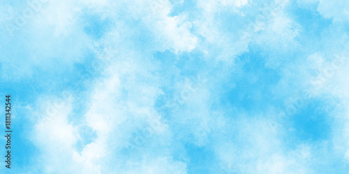  Abstract watercolor paint handmade illustration background, dusty blue classic with aged paint effect and minimal tonal variation, panorama of a bright blue sky adorned with fluffy white clouds.