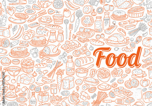 Hand Drawn Food Doodle Background Vector - Culinary Sketch Pattern